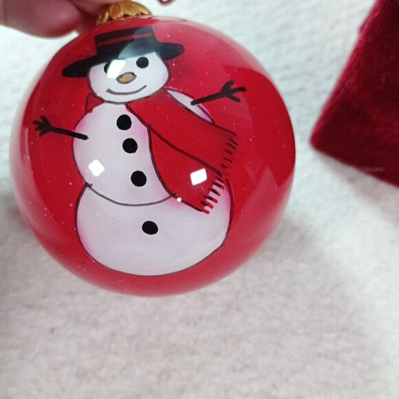 Hand Painted Glass Christmas Ornament Red Snowman in Original Velvet Gift Box - Picture 7 of 10